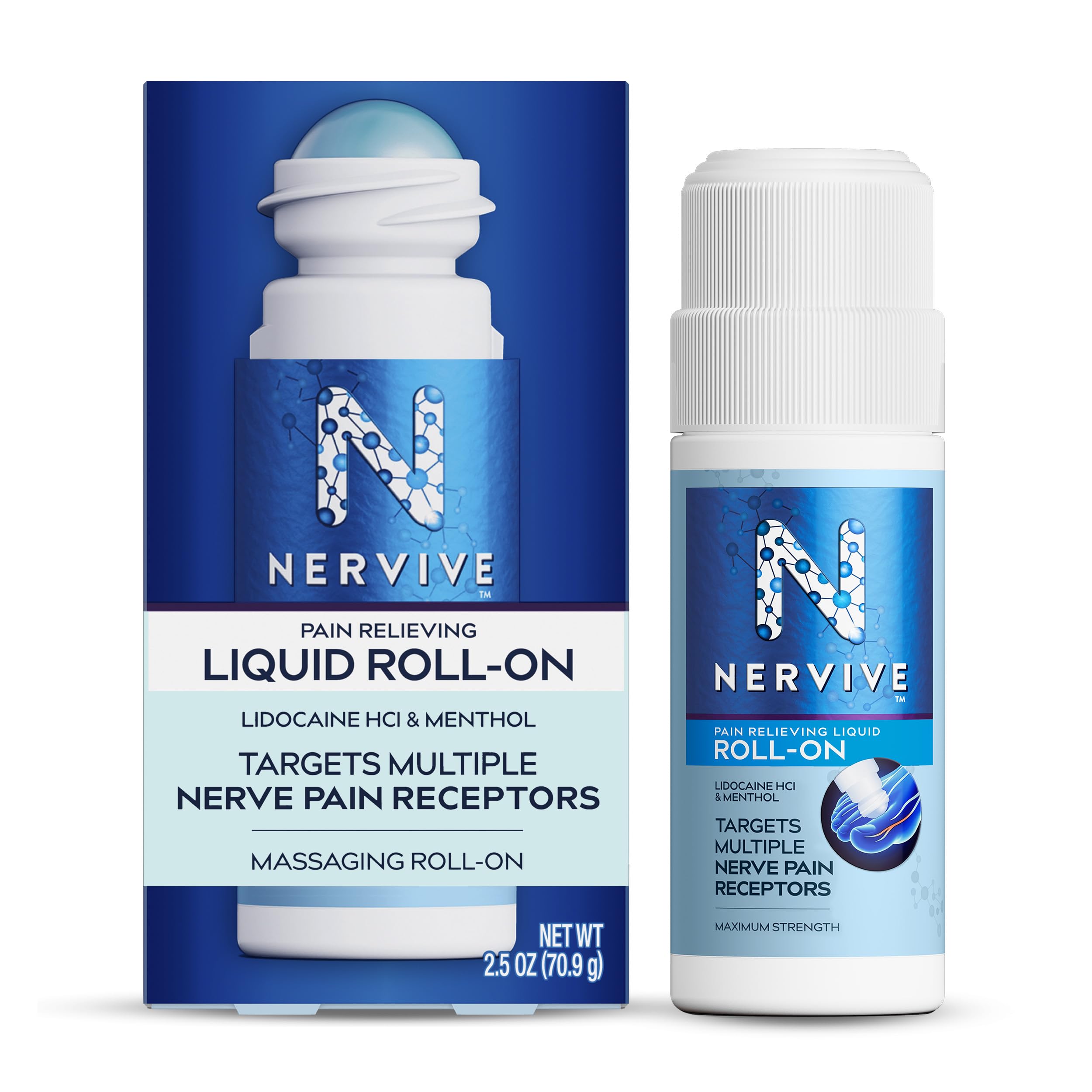 Nervive Pain Relieving Roll On Liquid, Max Strength Lidocaine and Menthol for Pain Relief in Toes, Feet, Fingers, Hands